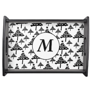 Black White Christmas Tree Pattern Monogram Serving Tray