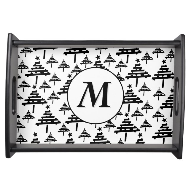 Black White Christmas Tree Pattern Monogram  Serving Tray (Front)