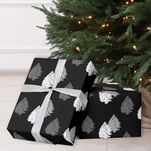 Black White Christmas Tree Pattern Wrapping Paper
