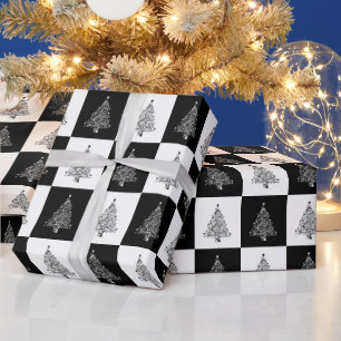 Black White Christmas Tree Pattern Wrapping Paper