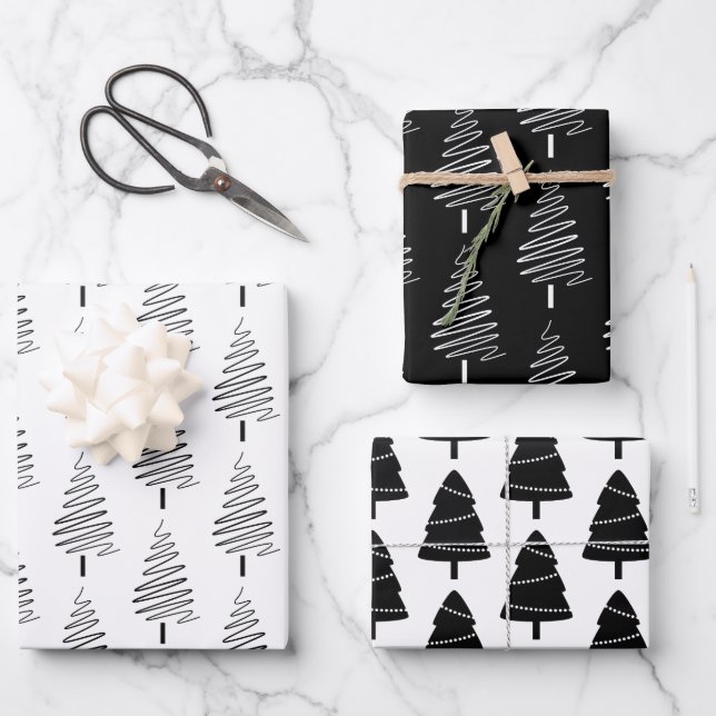 Black & White Christmas Tree Pattern  Wrapping Paper Sheets (Front)