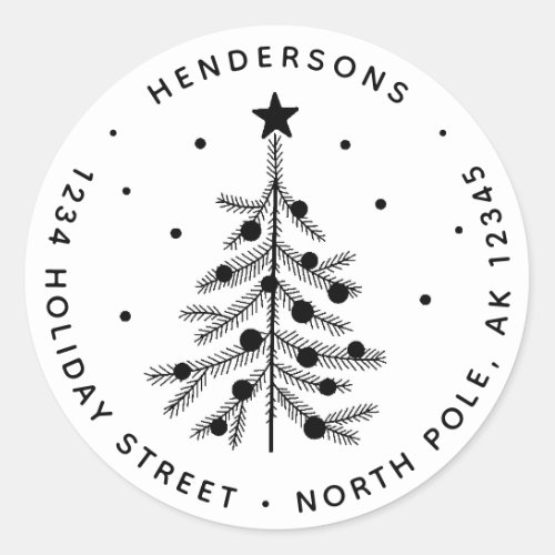 Black  White Christmas Tree Return Address  Classic Round Sticker