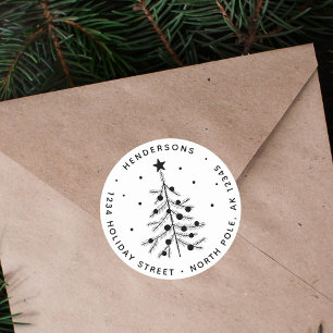 Black & White Christmas Tree Return Address Classic Round Sticker