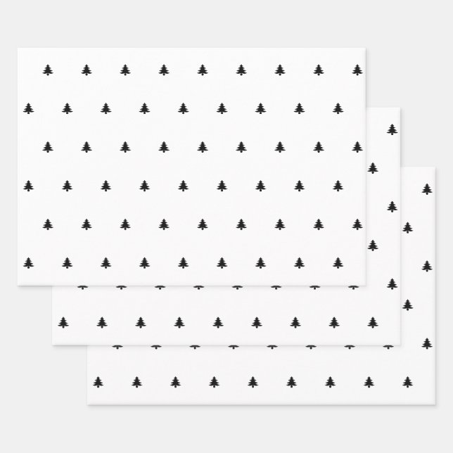 Black/White Christmas Tree Simple Icon Pattern Wrapping Paper Sheets (Set)
