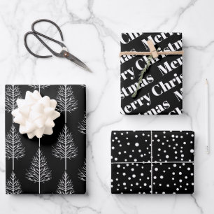 Black, white Christmas, trees, polka dots holiday Wrapping Paper Sheets