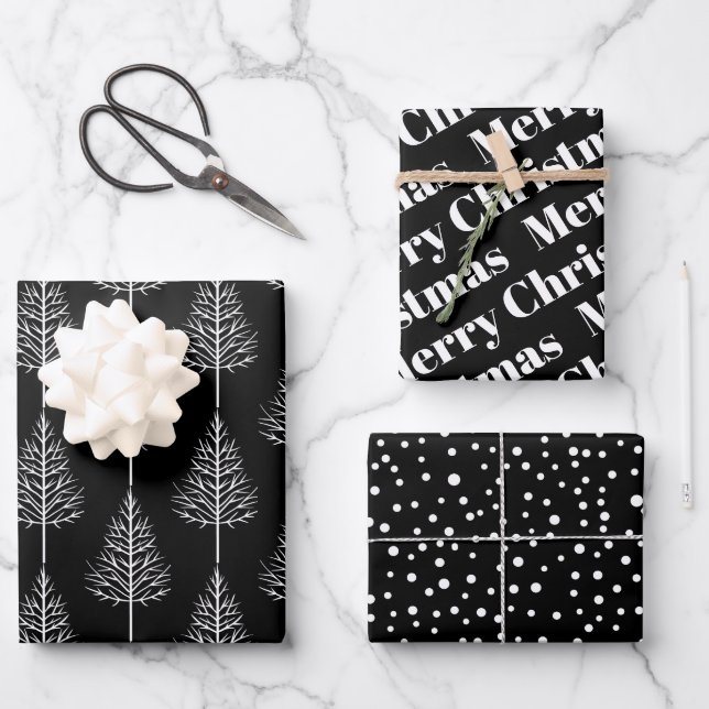 Black, white Christmas, trees, polka dots holiday Wrapping Paper Sheets (Front)