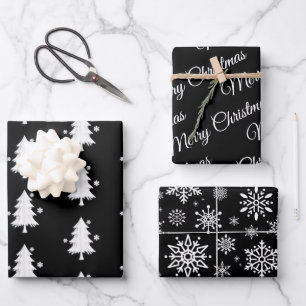 Black, white Christmas, Trees, Snowflakes holiday  Wrapping Paper Sheets