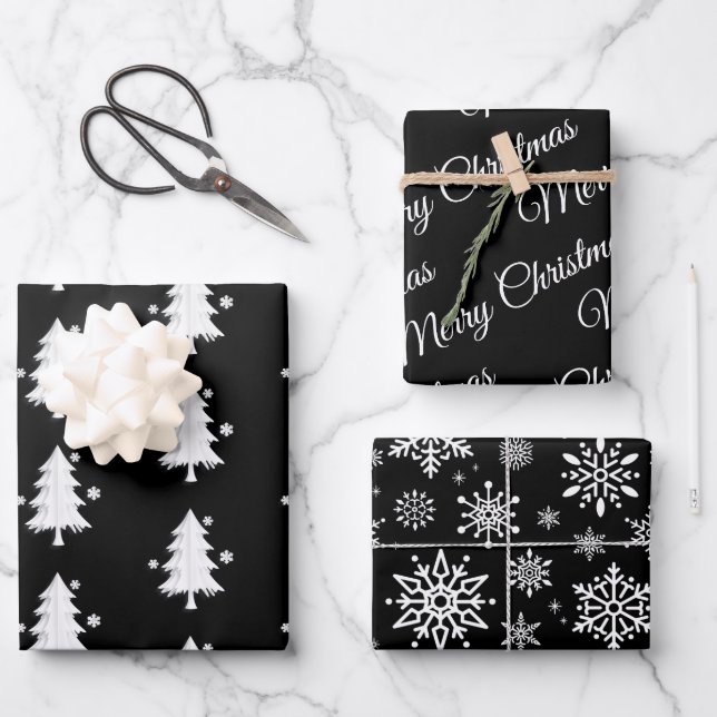Black, white Christmas, Trees, Snowflakes holiday  Wrapping Paper Sheets (Front)