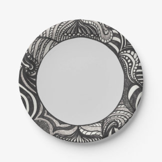 Black White Circle Frame Paper Plates