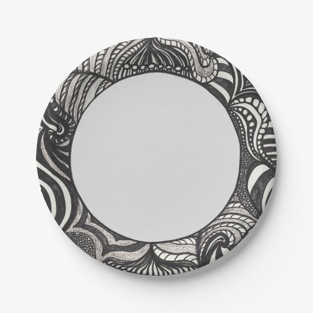Black White Circle Frame Paper Plates (Front)