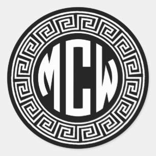 Black White Circle Monogram Font Greek Key Frame Classic Round Sticker