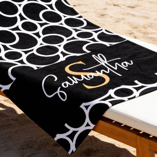 Black & White Circle Pattern with Monogram Beach Towel