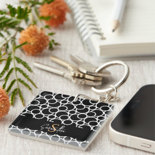 Black & White Circle Pattern with Monogram Keychain