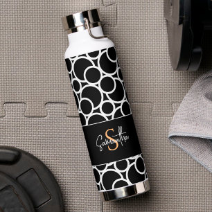 Black & White Circle Pattern with Monogram Water Bottle