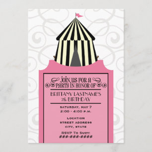Black & White Circus Tent w Pink Ticket Birthday Invitation