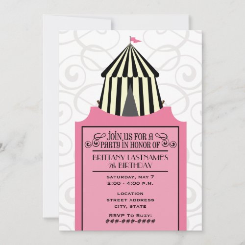 Black &amp; White Circus Tent w Pink Ticket Birthday Personalized Announcement