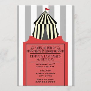 Black & White Circus Tent with Red Ticket Birthday Invitation