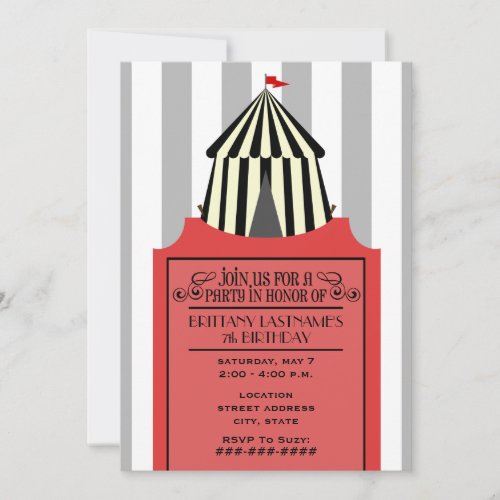 Black  White Circus Tent with Red Ticket Birthday Invitation