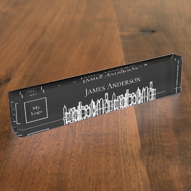 Black white city skyline business logo real estate desk name plate (Side)