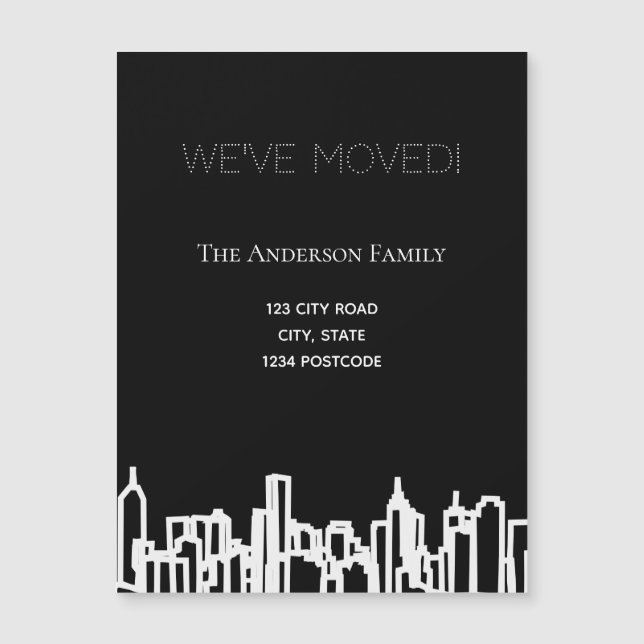 Black white city skyline we moved annoucement (Front)