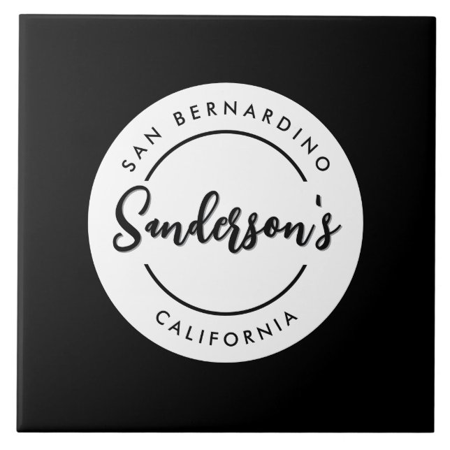 Black White City Town Place Location Name Circle  Ceramic Tile (Front)