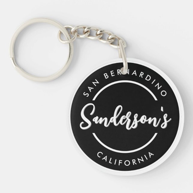 Black White City Town Place Location Name Circle  Keychain (Front)