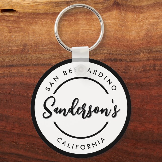 Black White City Town Place Location Name Circle  Keychain (Back)
