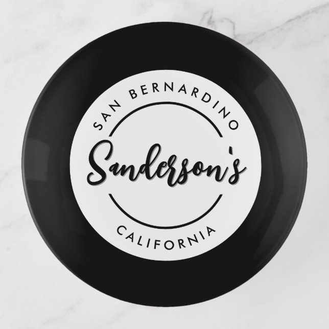 Black White City Town Place Location Name Circle  Trinket Tray (Front)