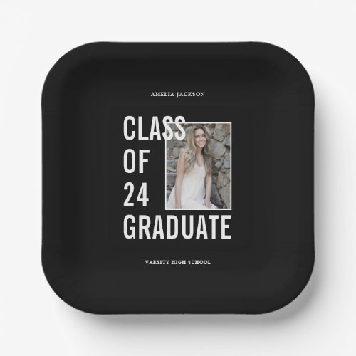 Black  White Class Of 24 Photo Graduation Paper Plates