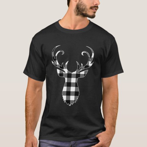 Black White Classic Christmas Buffalo Plaid Deer H T_Shirt