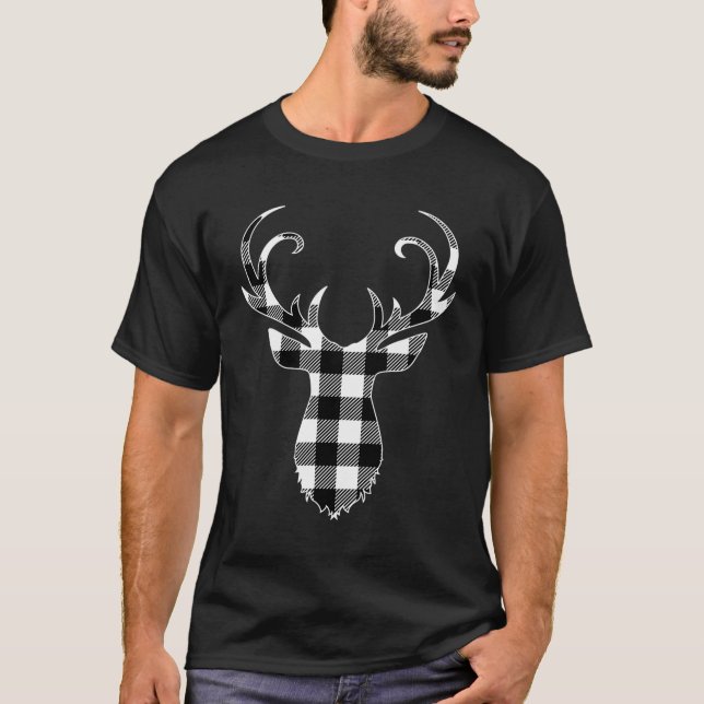 Black White Classic Christmas Buffalo Plaid Deer H T-Shirt (Front)