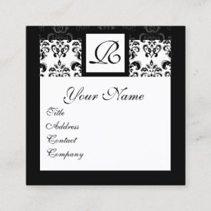 BLACK WHITE CLASSIC DAMASK SQUARE MONOGRAM SQUARE BUSINESS CARD