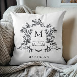 Black & White Classic Floral Crest Monogram Throw Pillow<br><div class="desc">Elegant floral crest throw pillow with a last name and established date. For more advanced customization of this design,  please click the BLUE DESIGN TOOL BUTTON above!</div>