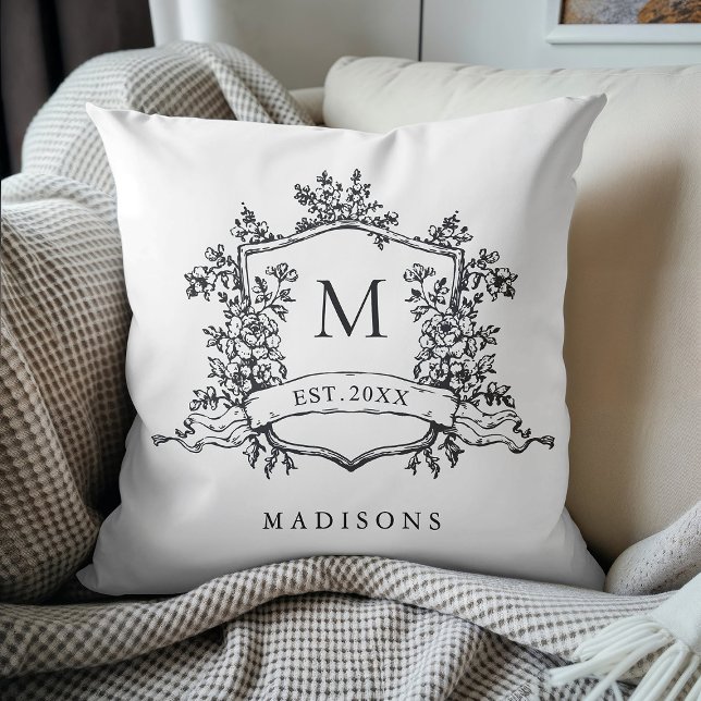 Black & White Classic Floral Crest Monogram Throw Pillow (Creator Uploaded)
