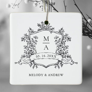 Black & White Classic Floral Crest Wedding Photo Ceramic Ornament