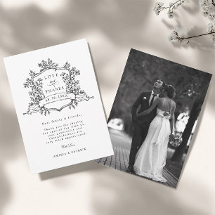 Black & White Classic Floral Crest Wedding Photo Thank You Card