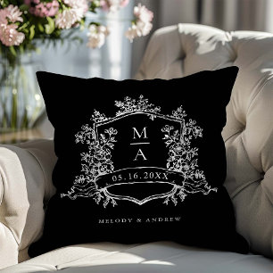 Black & White Classic Floral Crest Wedding Throw Pillow