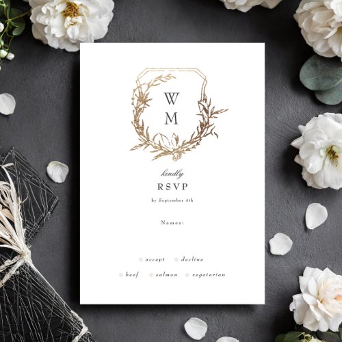Black White classic floral Gold crest wedding RSVP Card