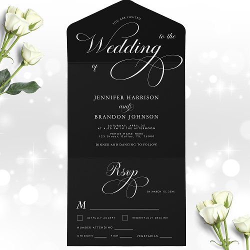 Black  White Classic Formal Calligraphy Wedding All In One Invitation