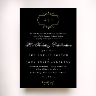 black white classic gold crest monogram wedding foil invitation