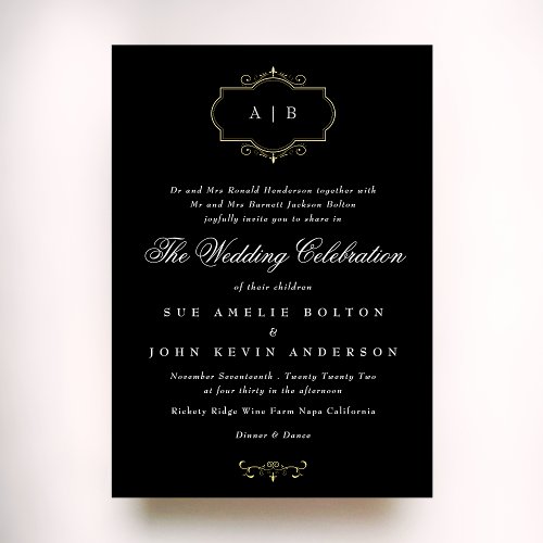 black white classic gold crest monogram wedding foil invitation