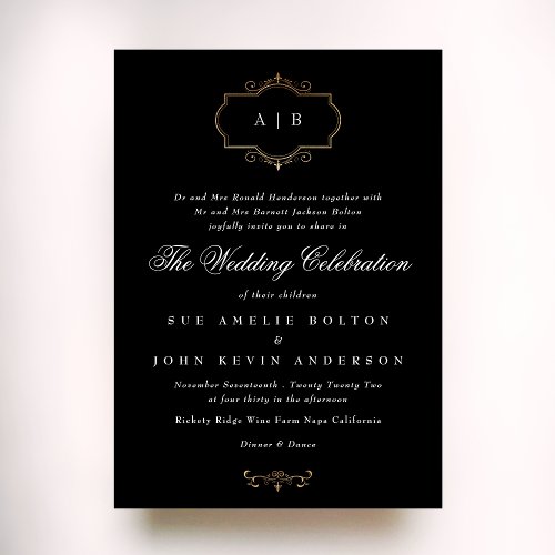black white classic gold crest monogram wedding invitation
