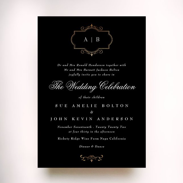 black white classic gold crest monogram wedding invitation (Creator Uploaded)