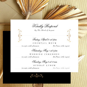 black white classic gold crest wedding multi-event RSVP card