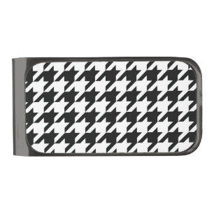 Black White Classic Houndstooth Check Gunmetal Finish Money Clip