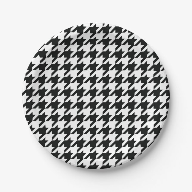 Black White Classic Houndstooth Check Paper Plates (Front)