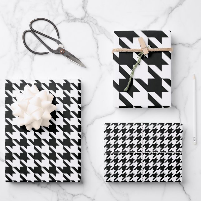 Black White Classic Houndstooth Check Wrapping Paper Sheets (Front)