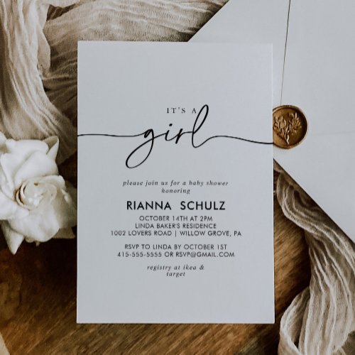 Black White Classic Its A Girl Baby Shower Invitation