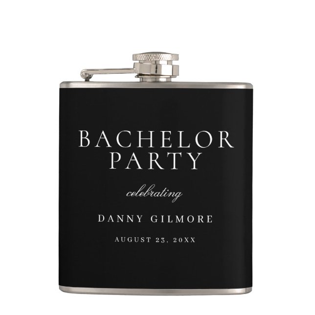 Black & White Classic Mens Bachelor Party Gift Flask (Front)