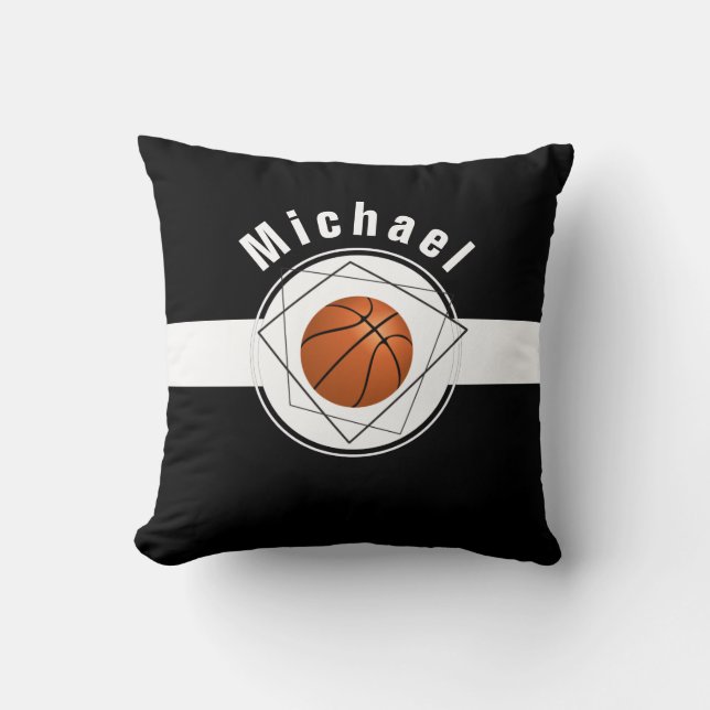 Black & White Classic Personalized Basketball Fan Throw Pillow (Front)